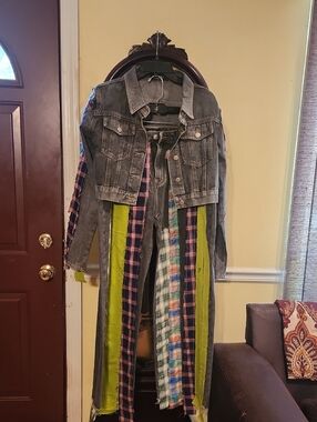 Upcycled Patchwork Denim Jacket with Plaid & Lime Panels